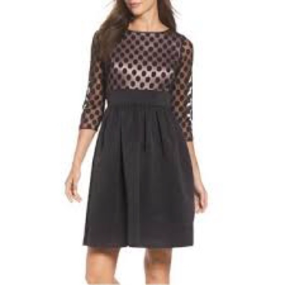 Eliza J Black Polka Mesh Bodice Midi Dress- 16, NWOT
